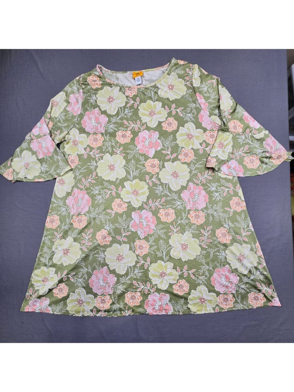 Ruby Rd Woman 3X Floral Tunic Dress Green Pink Yellow Bell Sleeve Stretchy